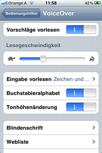 Screenshot der Einstellungen von VoiceOver auf dem iPhone