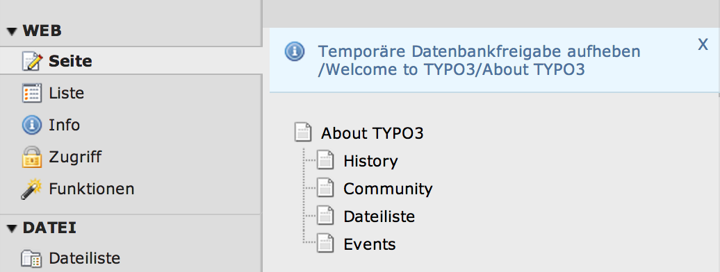 Bildschirmausschnitt TYPO3 CMS - temporäre Datenbankfreigabe