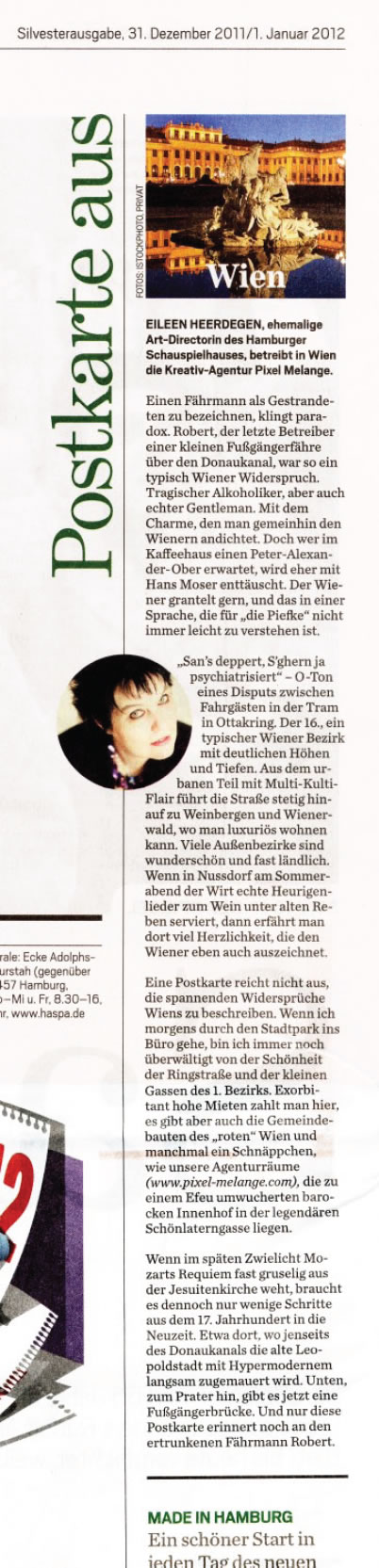 Zeitungsausschnitt aus der Silvesterausgabe des Hamburger Abendblatts, Artikel von Eileen Heerdegen über ihr Wien