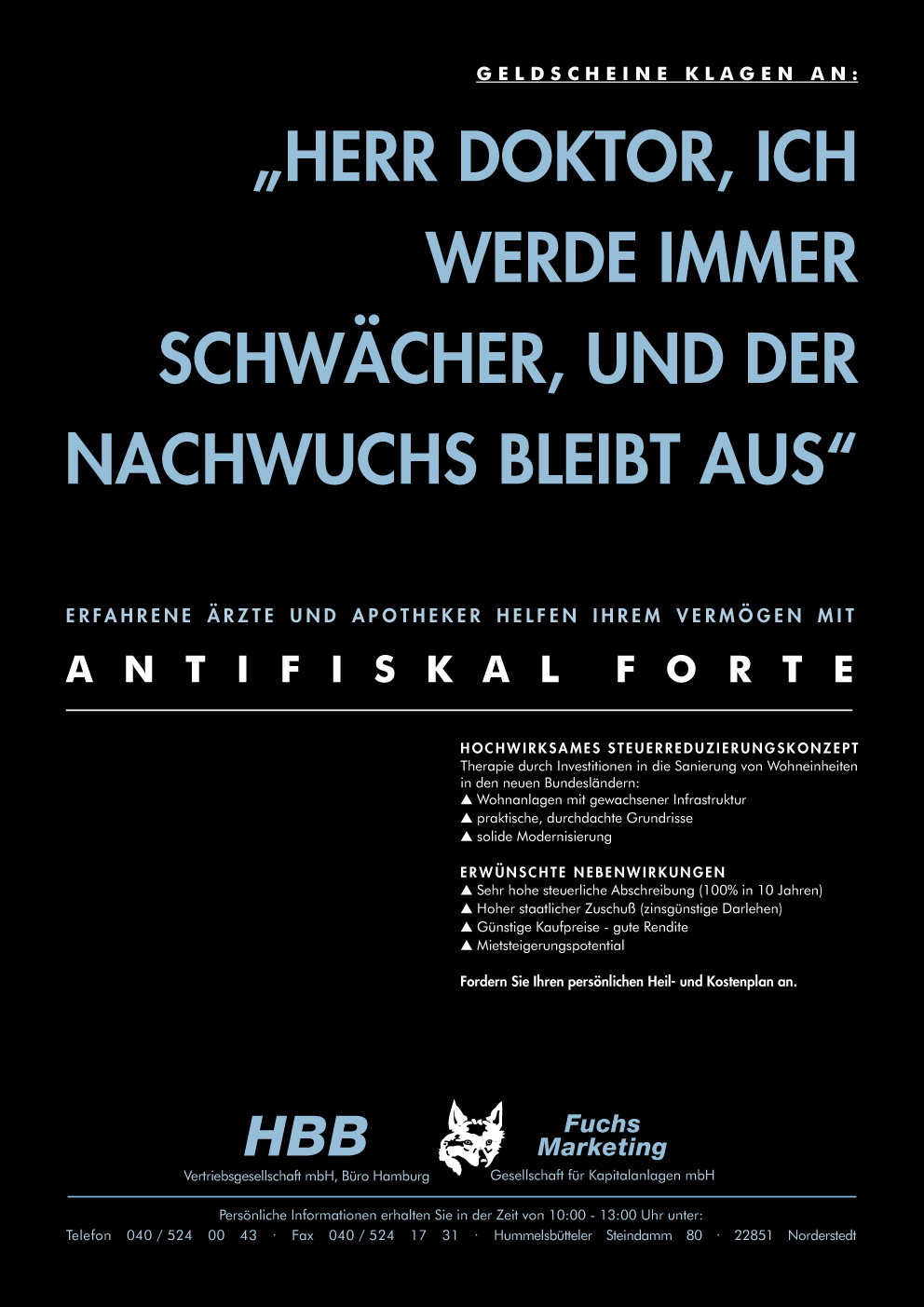 Abbildung Anzeige Antifiskal Forte mit Slogan: Herr Doktor, ich werde immer schwächer, und der Nachwuchs bleibt aus.