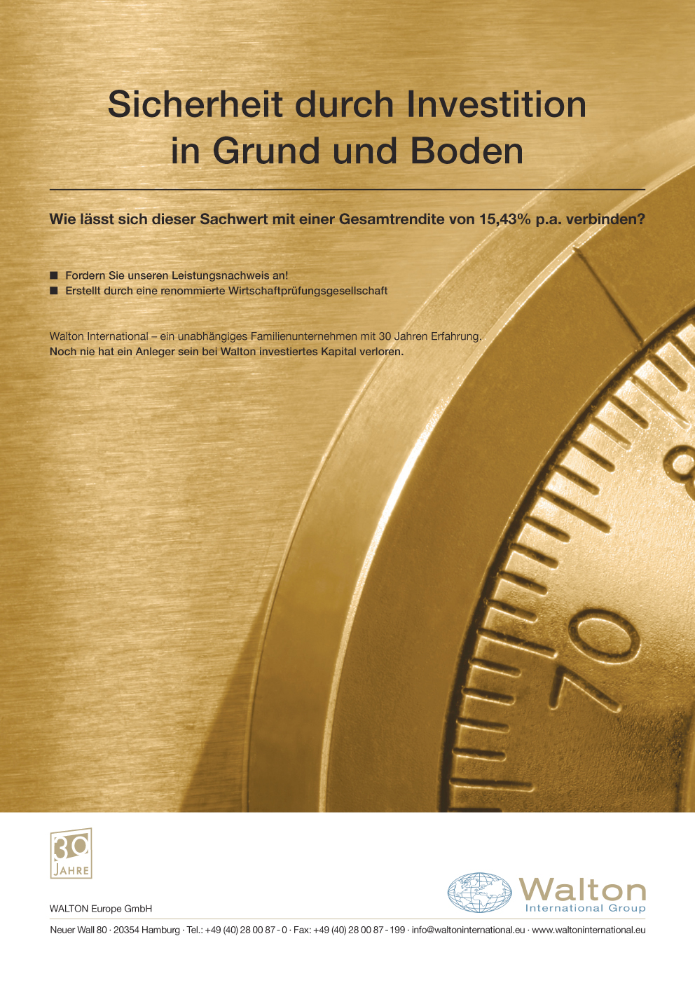 Anzeige Motiv Tresor, Slogan: Sicherheit durch Investition in Grund und Boden 