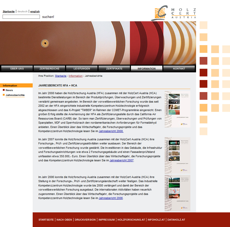 Abbildung der Verbund-Website Holzcert Austria mit ähnlichem Design jedoch abweichenden Farben