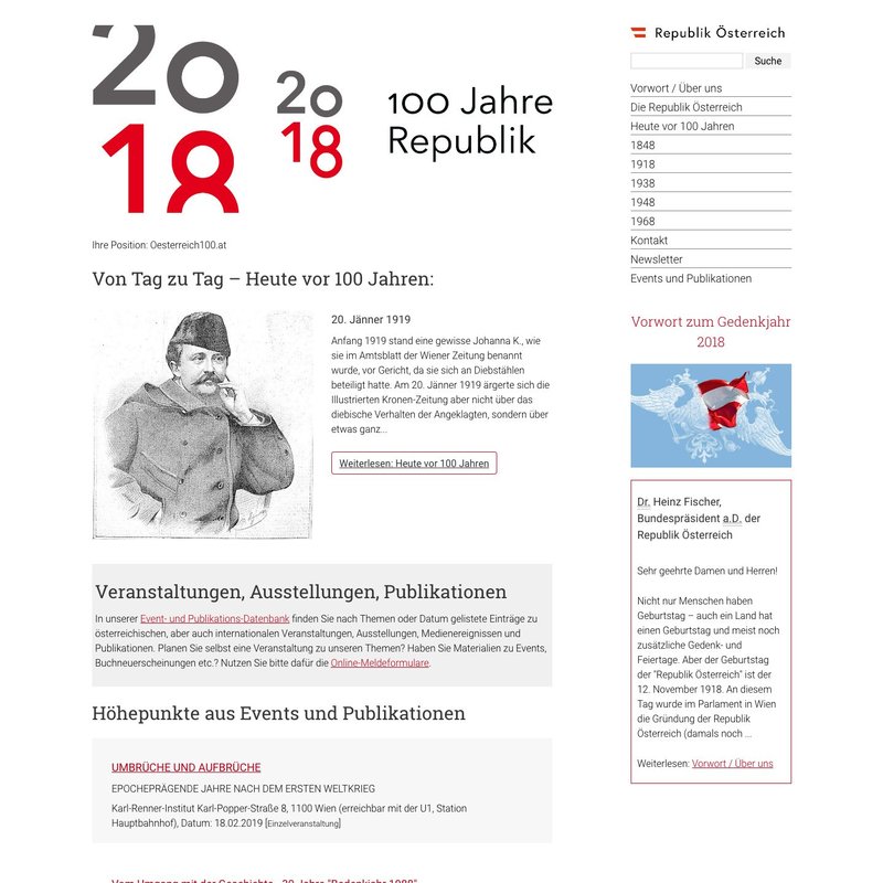 Screenshot der Startseite der Website 100 Jahre Republik