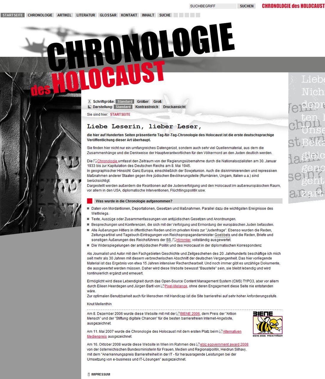 Abbildung der Startseite - Chronologie des Holocaust